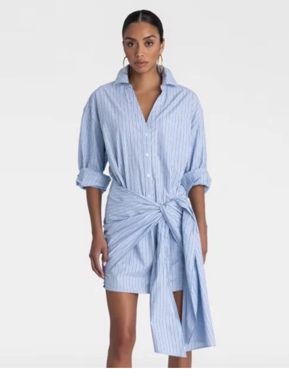 Striped Tie-Waist Mini Shirt Dress in Blue